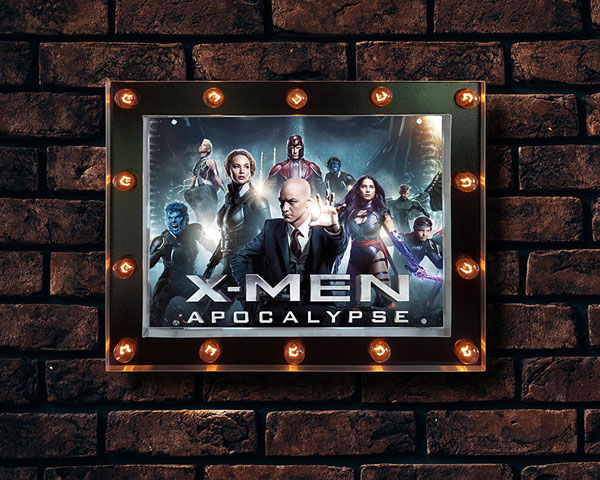 Front View of Marquee Cinema Lightbox on Brick Wall Mockup FREE PSD