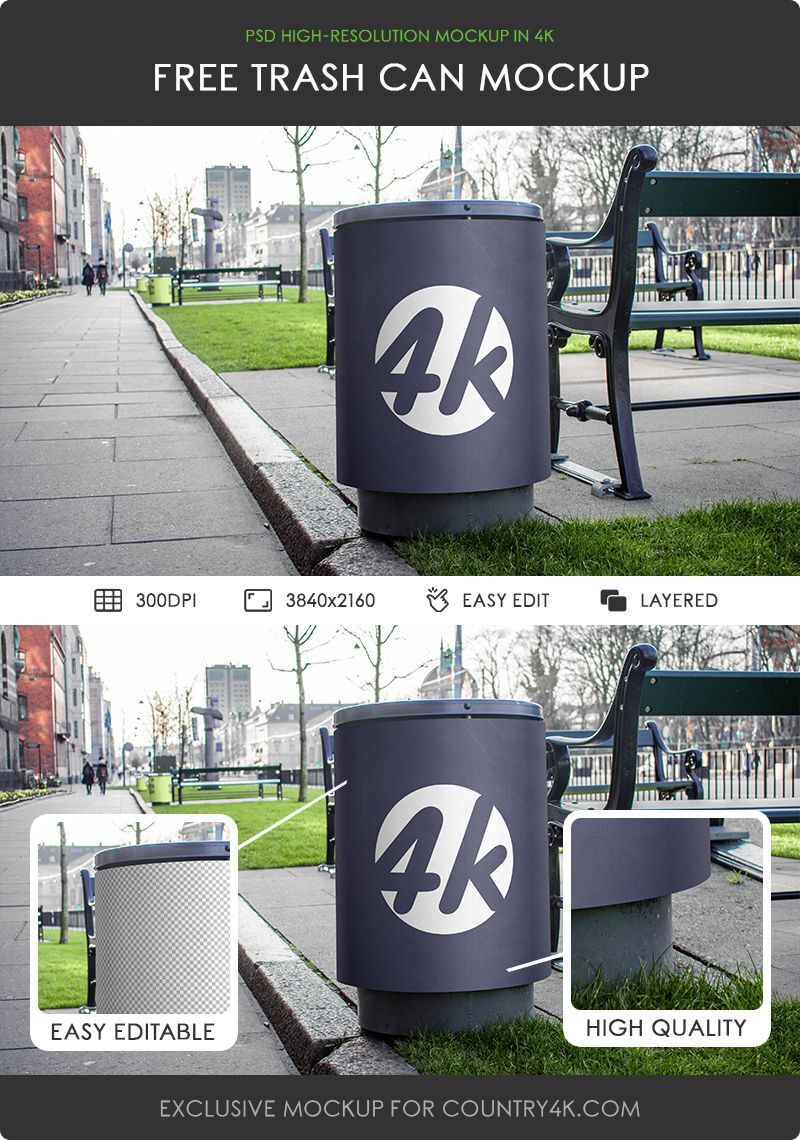 Front View of Park-style Trash Can Mockup FREE PSD