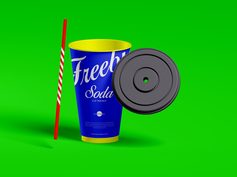Front View of Soda Cup Mockup Featuring floating Lid and Straw FREE PSD