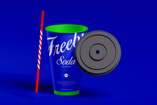 Front View of Soda Cup Mockup Featuring floating Lid and Straw FREE PSD