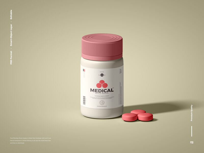 Front View of Standing Medical Bottle next to Pills Mockup FREE PSD