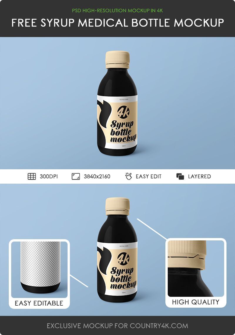 Front View of Syrup Medical Bottle Mockup FREE PSD