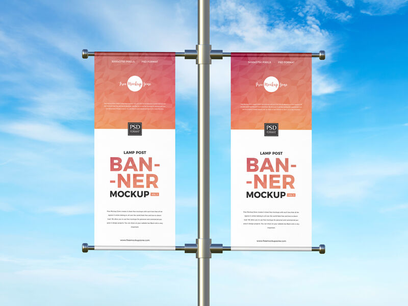 Front View of Two Advertising Lamp Post Banners Mockup FREE PSD