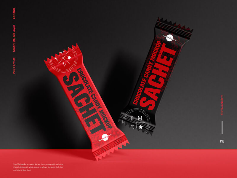 Front View of Two Floating Chocolate Candy Sachets Mockup FREE PSD