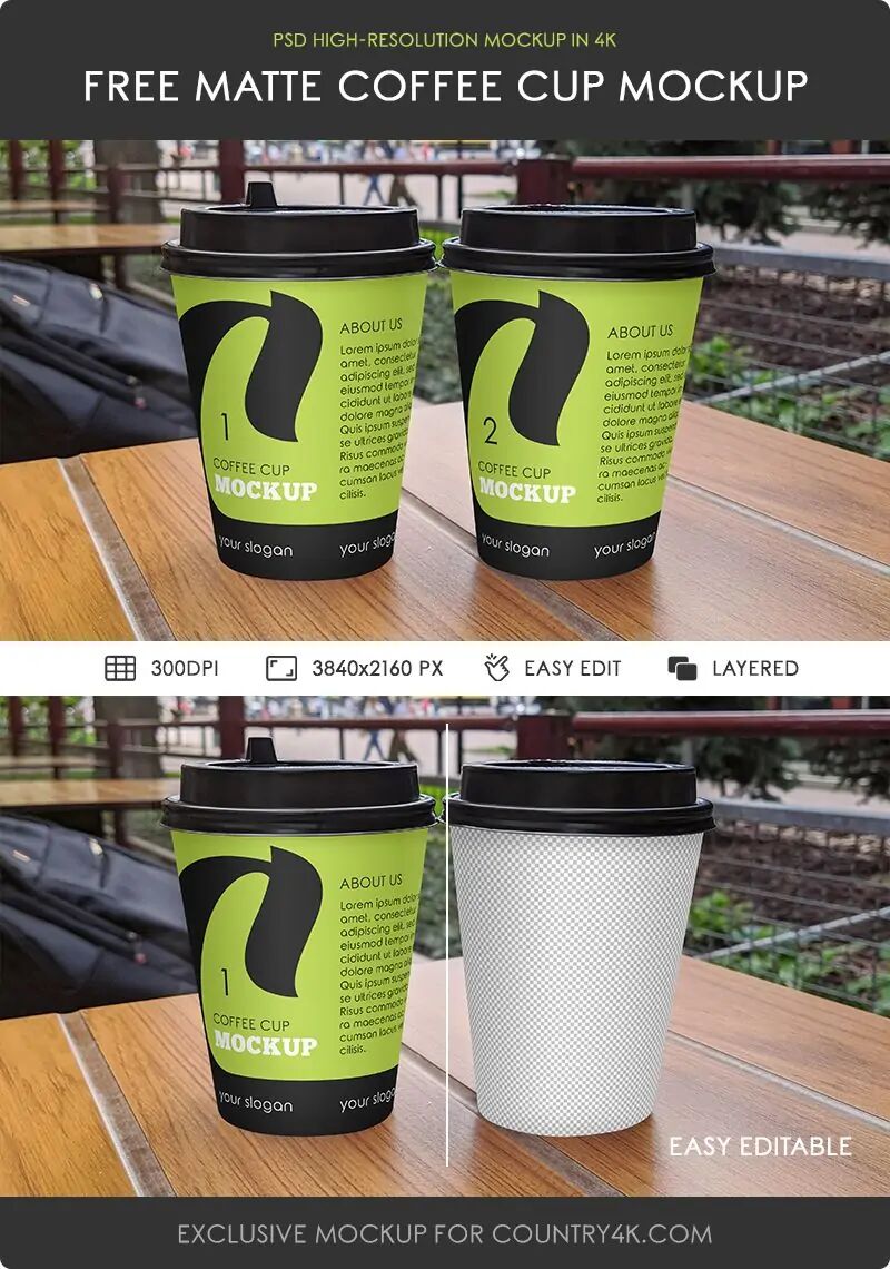 Front View of Two Matte Coffee Cups Mockup on a Modern Cafe Table FREE PSD