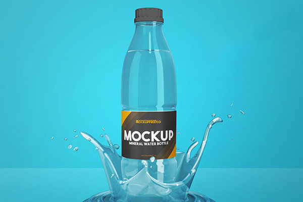 Front View of Water Bottle Standing on Water Splash Stand Mockup FREE PSD
