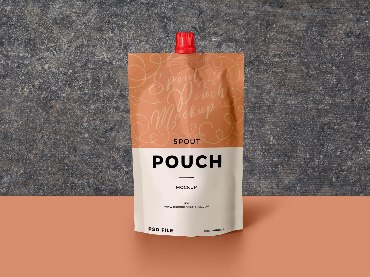 Front View Spout Pouch Mockup Standing against Textured Wall FREE PSD