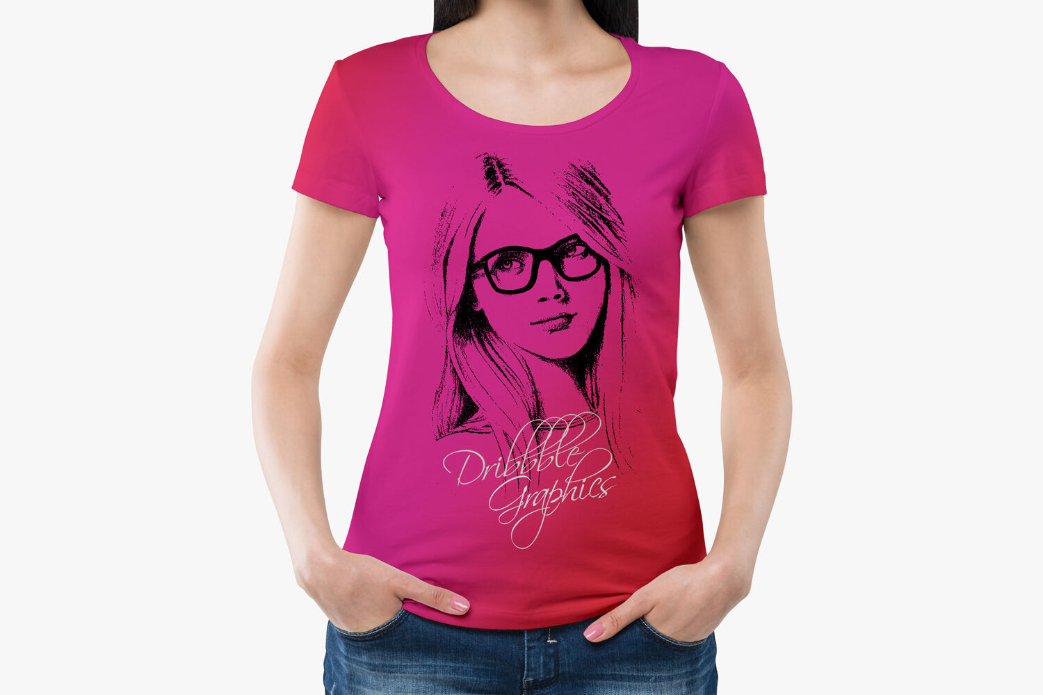 Girl Wearing Round Neck T-shirt Mockup with Hands in Pockets FREE PSD
