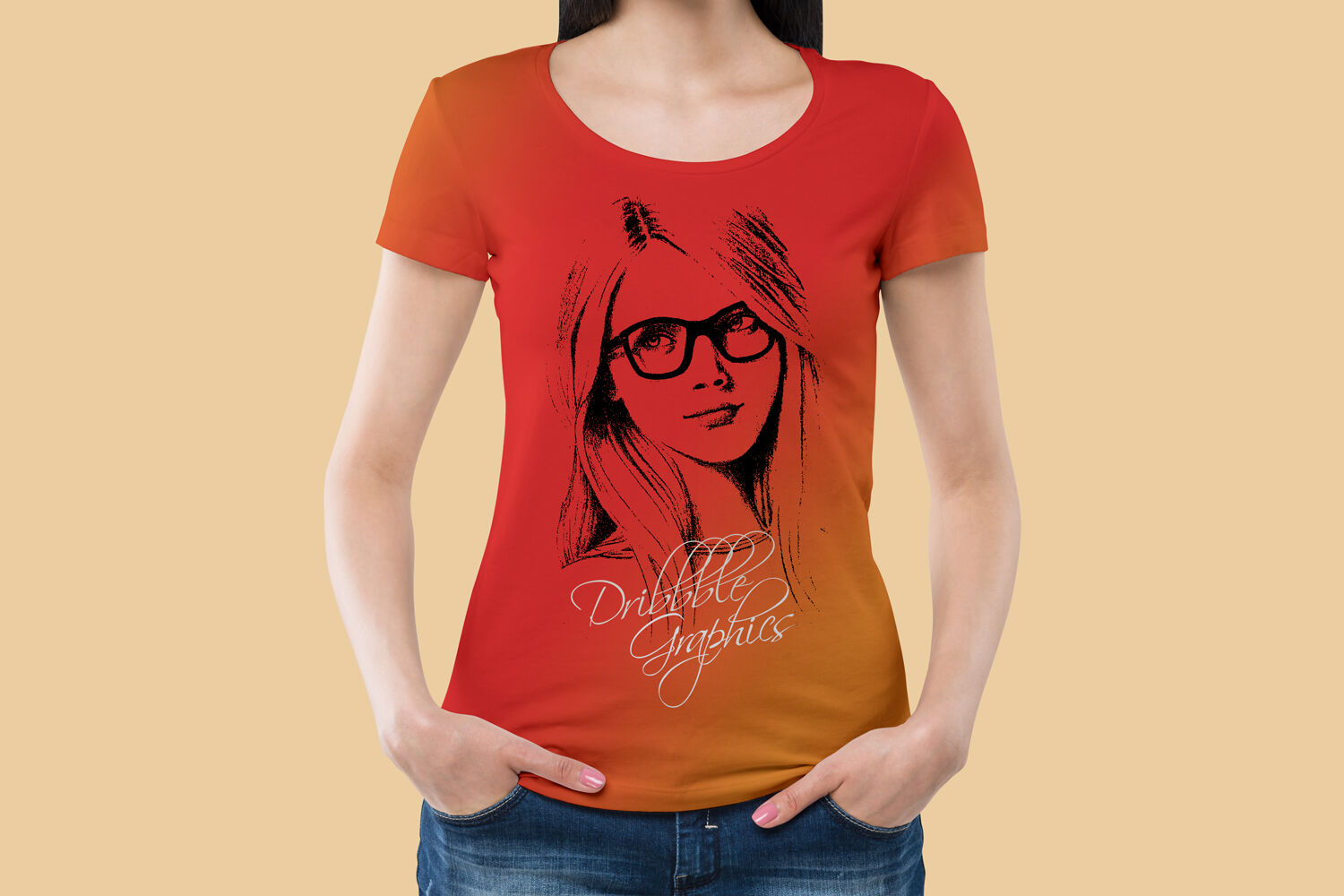 Girl Wearing Round Neck T-shirt Mockup with Hands in Pockets FREE PSD