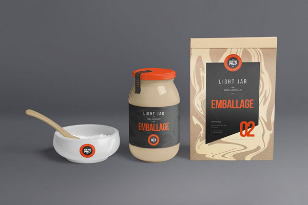 Glass Jar Mockup Featuring a Bowl and a Paper Bag in Front View FREE PSD