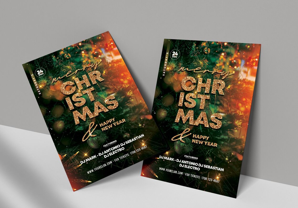 Green, Glittering Festive Christmas Party Flyer Template FREE PSD