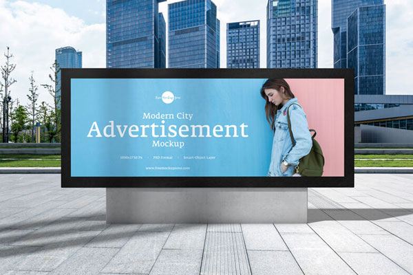 Horizontal Signage in City Standing in the Front View Mockup FREE PSD