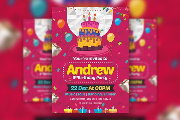 Illustrated Birthday Party Flyer Template FREE PSD