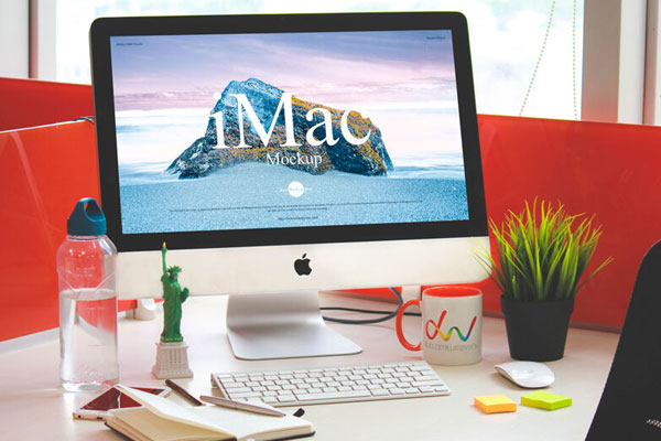 iMac on a Crowded Office Work Desk Mockup Free Download | Resource Boy