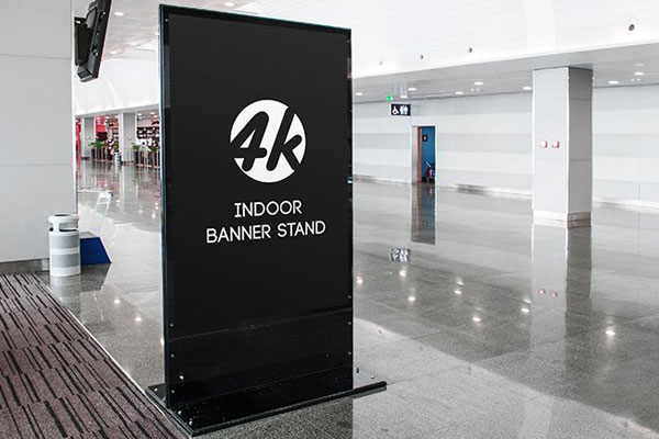 Indoors, Vertical Banner Stand in the Half-Side View Mockup FREE PSD