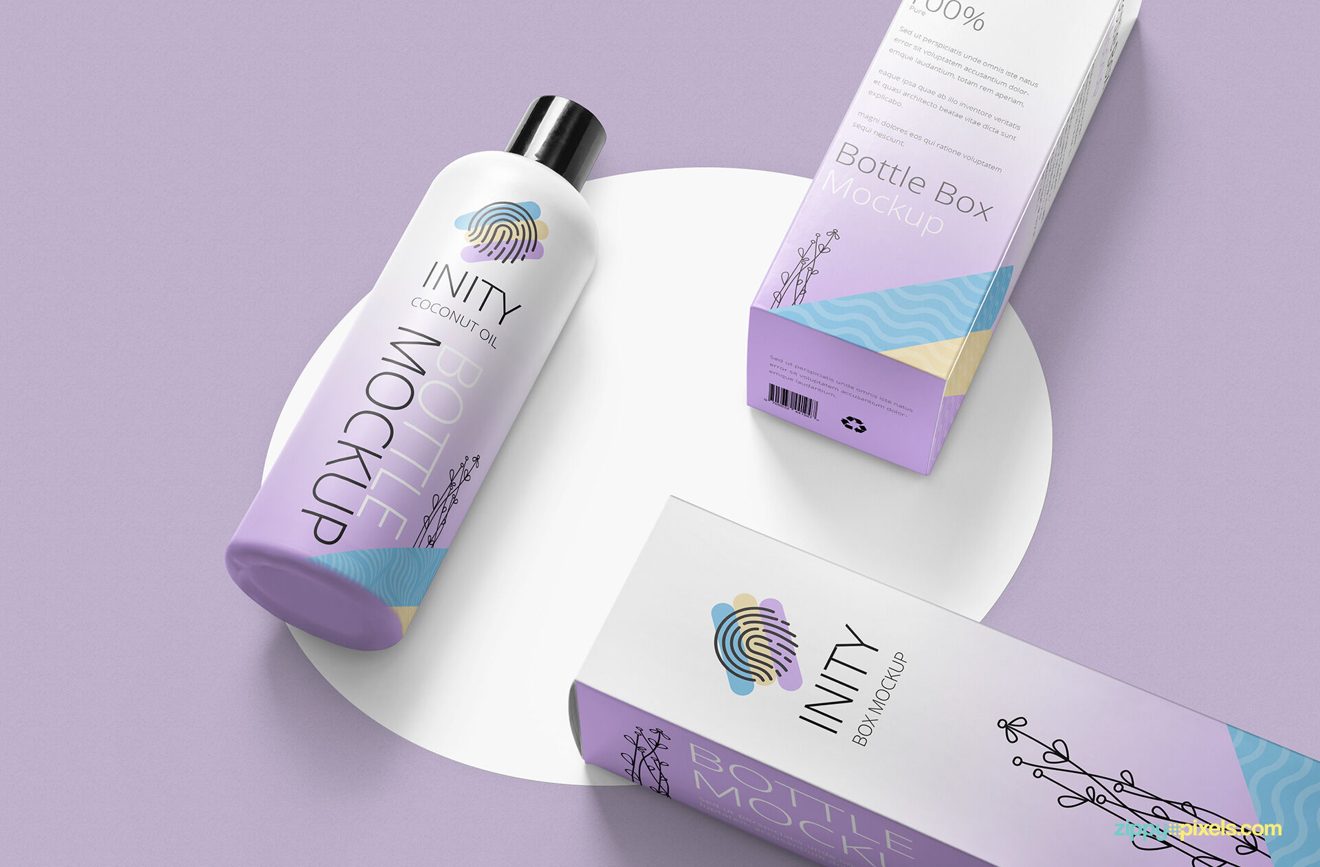 Matte Bottle Mockup Along with Two Packaging Boxes Laid in Perspective FREE PSD