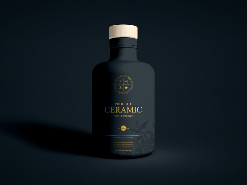 Matte, Ceramic Bottle with Wooden Lid standing in Front View Mockup FREE PSD