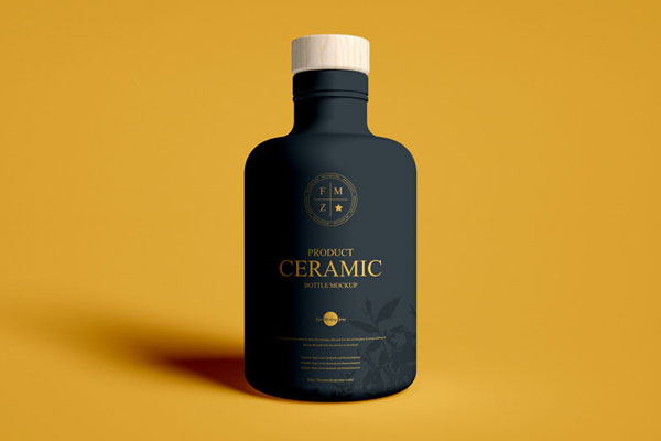Matte, Ceramic Bottle with Wooden Lid standing in Front View Mockup FREE PSD