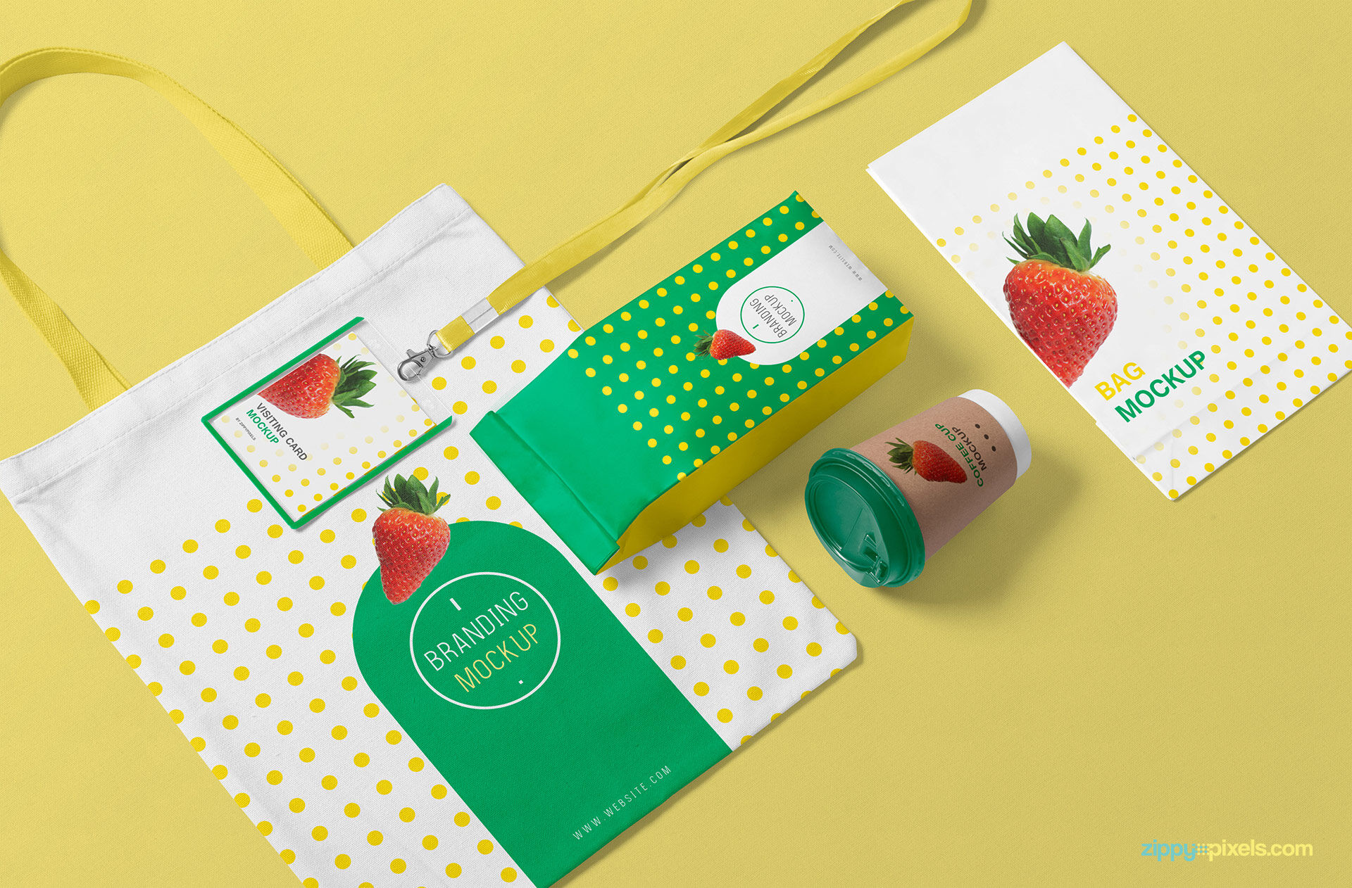 Mockup Featuring Tote and Paper Bags, Pouch, Cup, ID Card FREE PSD