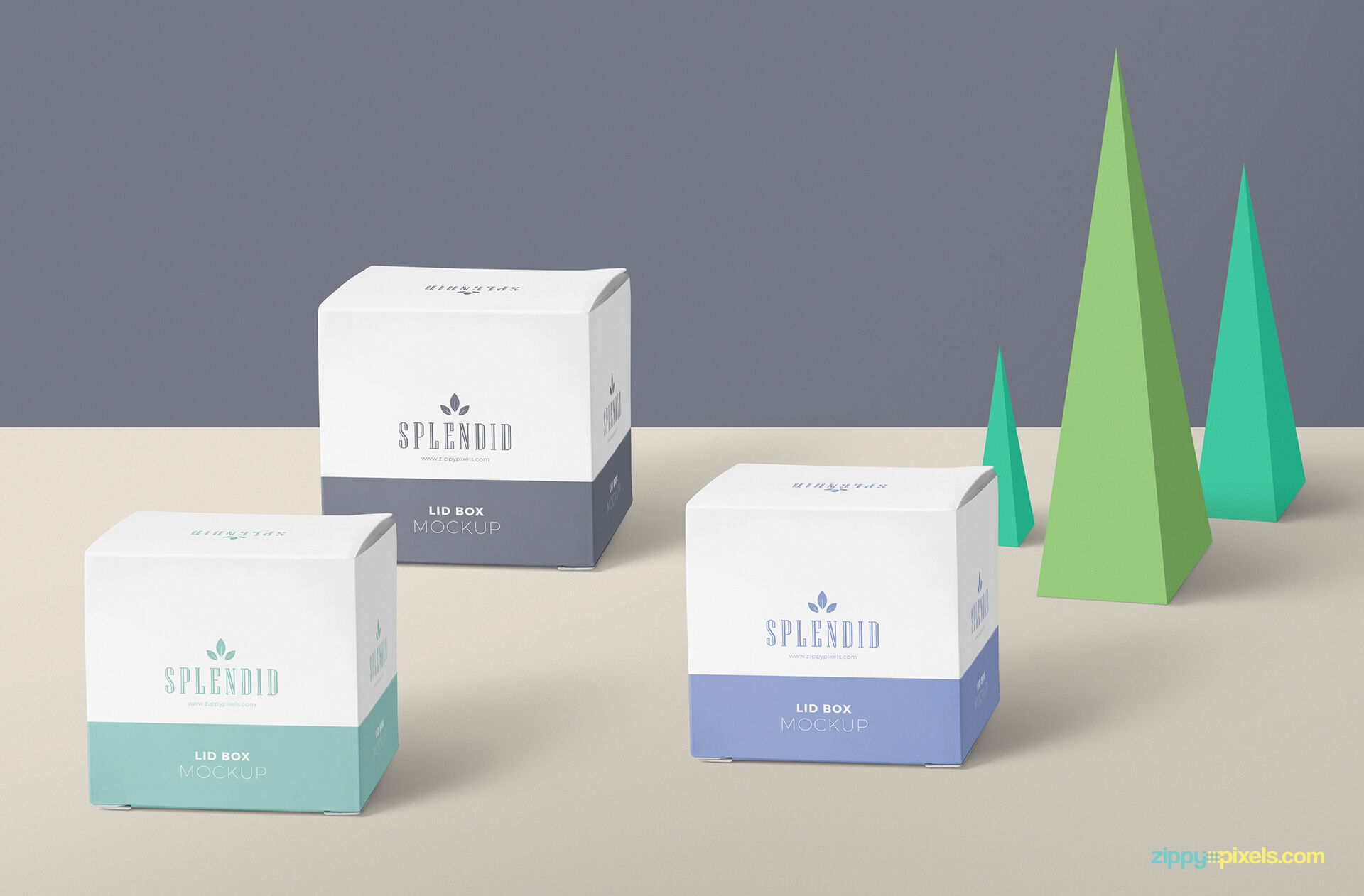Mockup of 3 Square Paper Boxes with Origami Trees FREE PSD
