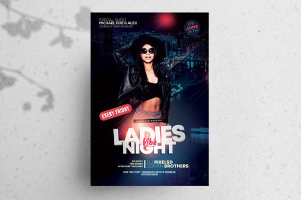 Modern, Dark Ladies\ Girls Night Flyer Template with City Background FREE PSD