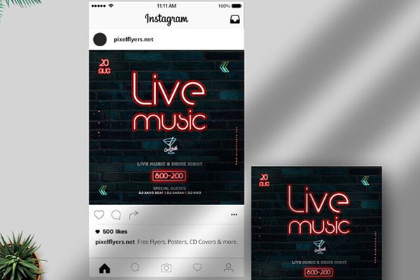 Neon Live Music Instagram Post Template FREE PSD