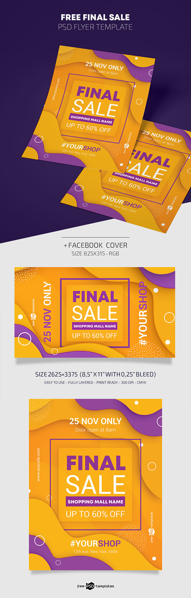 Orange, Purple Abstract Sale Flyer Template Along with Facebook Cover FREE PSD