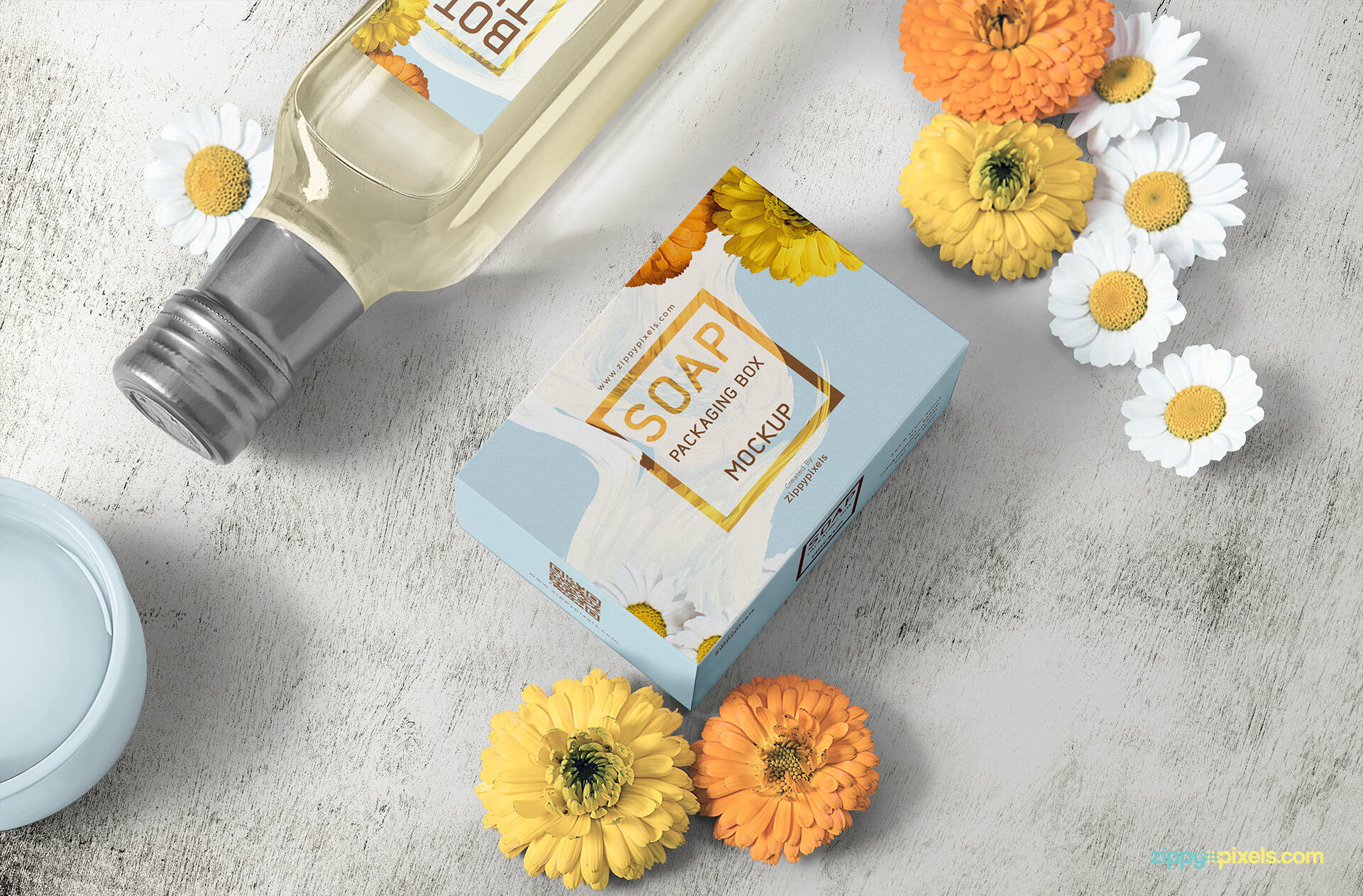 Overhead Soap Packaging with Flowers Mockup FREE PSD