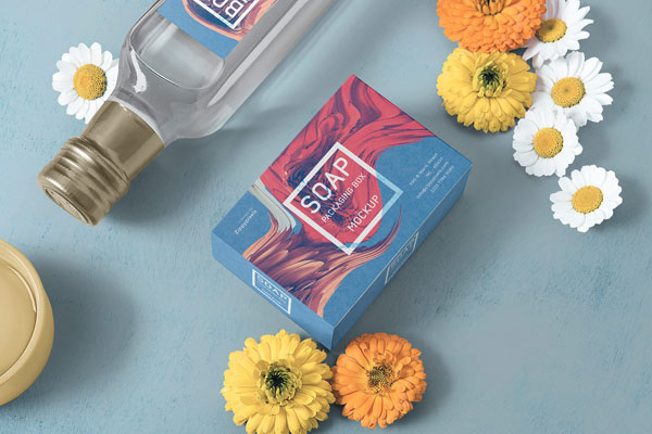 Overhead Soap Packaging with Flowers Mockup FREE PSD