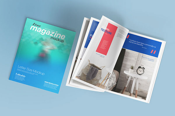 Overhead View of Closed and Opened Letter Size Magazines Mockup FREE PSD