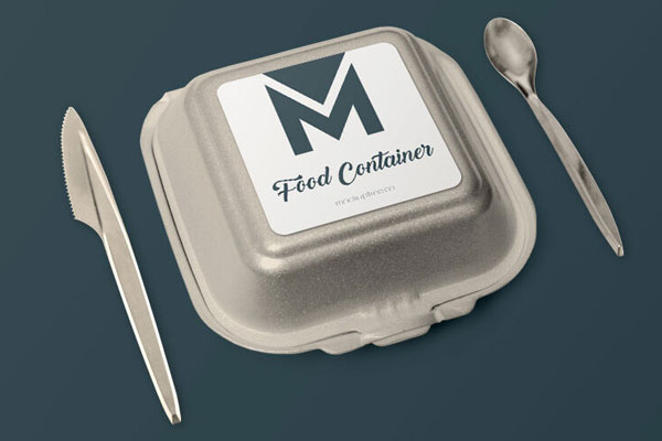 Perspective View Foam Food Container Mockup with Knife and Spoon FREE PSD