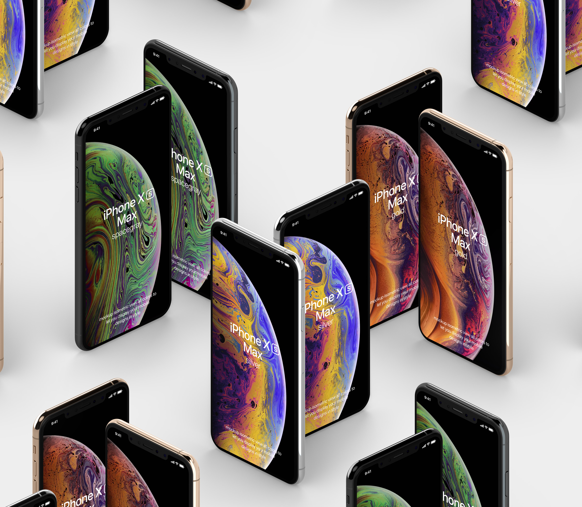 Perspective View Mockup of Several Standing iPhone XS Max FREE PSD