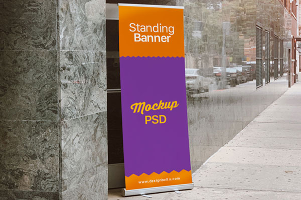Perspective View of a Banner Standing in Outdoor Setting Mockup FREE PSD