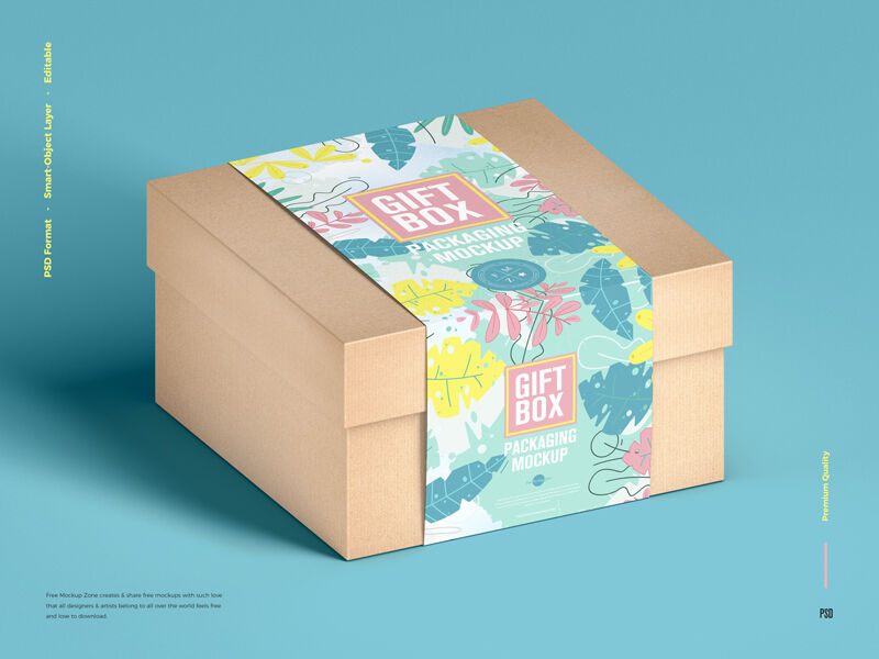 Perspective View of Craft Gift Box Wearing Wide Label Mockup FREE PSD