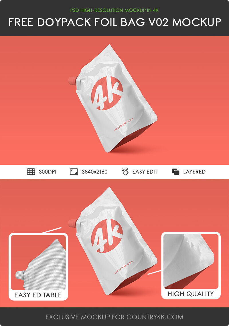 Perspective View of Floating Doypack Foil Bag Mockup FREE PSD