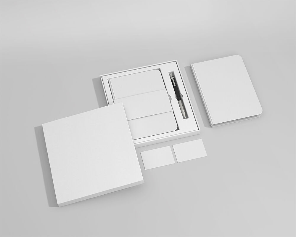Perspective View of Notebooks, Box and Business Cards Mockup FREE PSD