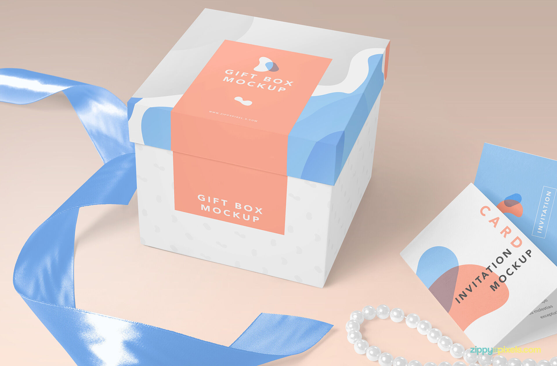 Perspective View of Square Gift Box and Two Greeting Cards Mockup FREE PSD