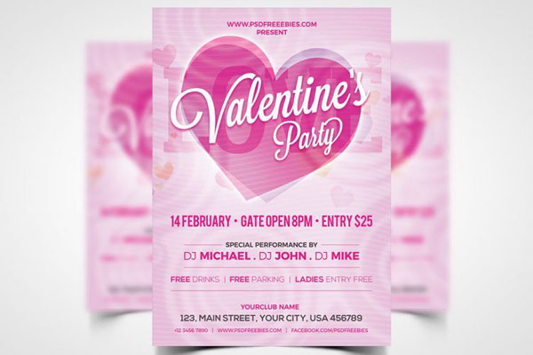 Pink Valentine's Day Party Flyer Template FREE PSD
