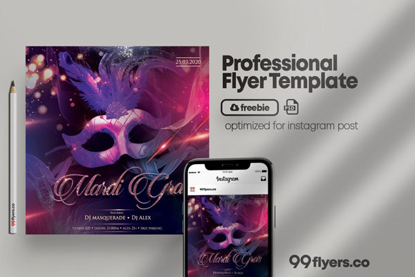 Purple, Pink Mardi Gras\ Costume Party Instagram Banner Template FREE PSD