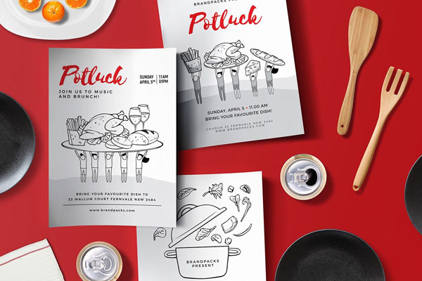 Set of Three Minimal Potluck Posters Featuring Unpainted Illustrations FREE PSD