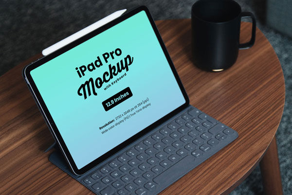 Side View of an iPad Pro on a Wooden Table Mockup FREE PSD