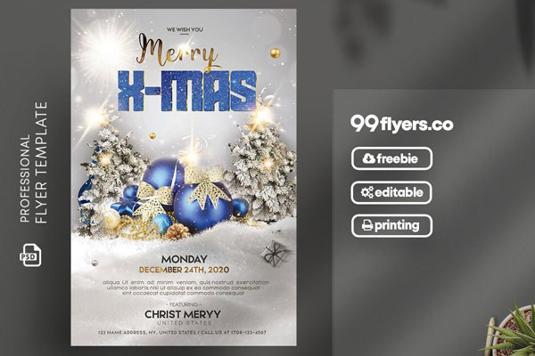 Snow and Sparkle Christmas Party Flyer Template FREE PSD