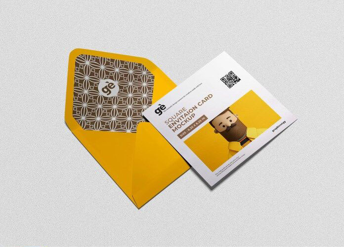 Square Card Placed on Square Opened Envelope Mockup FREE PSD