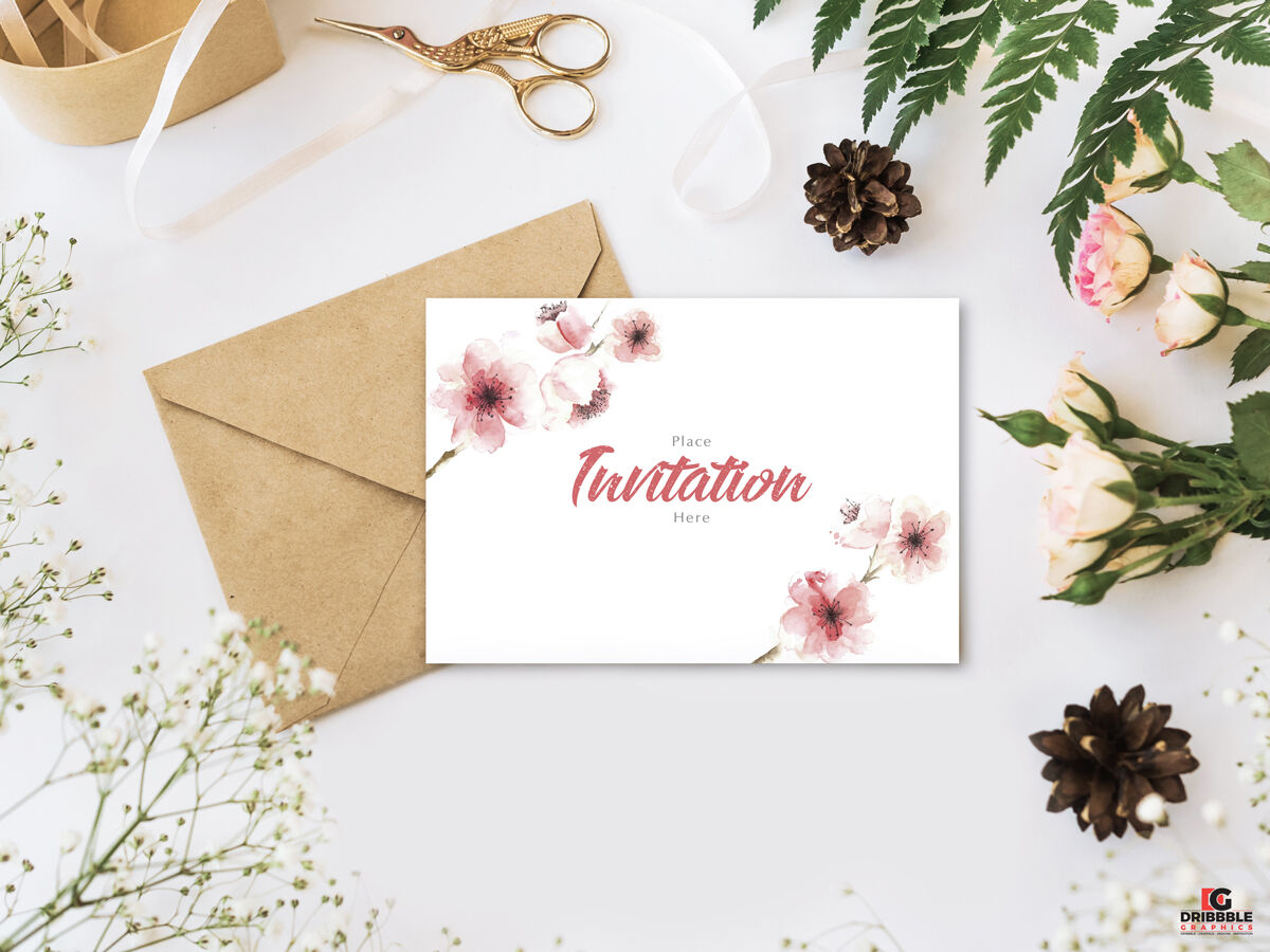 Stylish Branding Invitation Card Mockup with Flowers FREE PSD