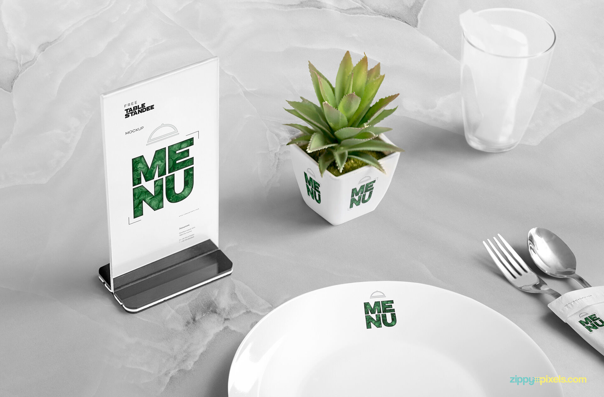 Table Menu Standee Mockup Scene with Plant, Glass, and Plate FREE PSD