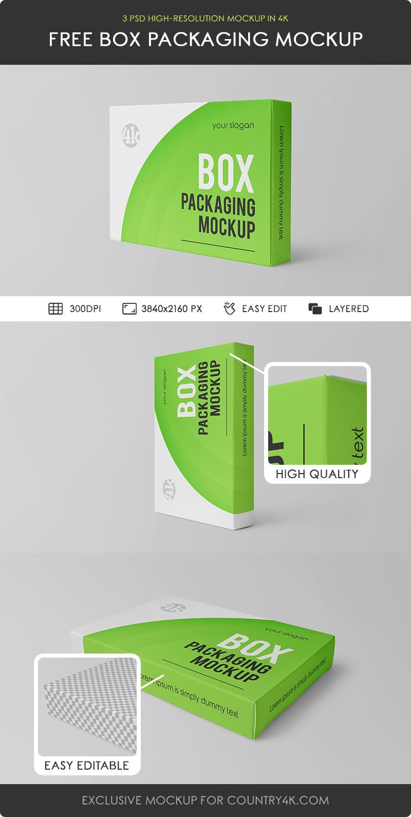 Three Horizontal Box Packaging Mockups from Different Angles FREE PSD