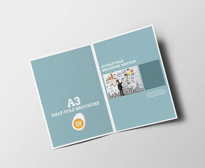 Three Mockups Showing Overhead Views of Half Fold A3 Brochure FREE PSD