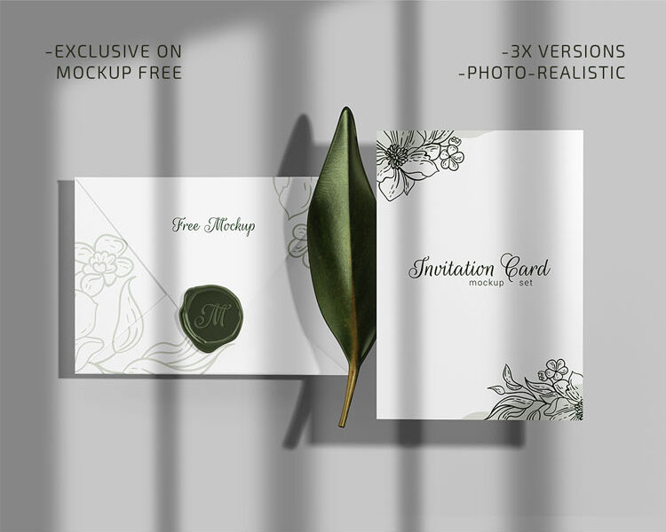 Three Top View Invitation Card and Envelope Mockups with Overlaid Shadows FREE PSD