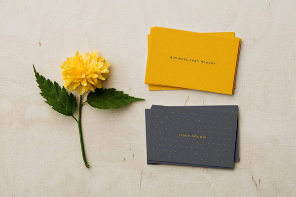 Top View 2 Stacks of Business Cards Mockup with Flower FREE PSD