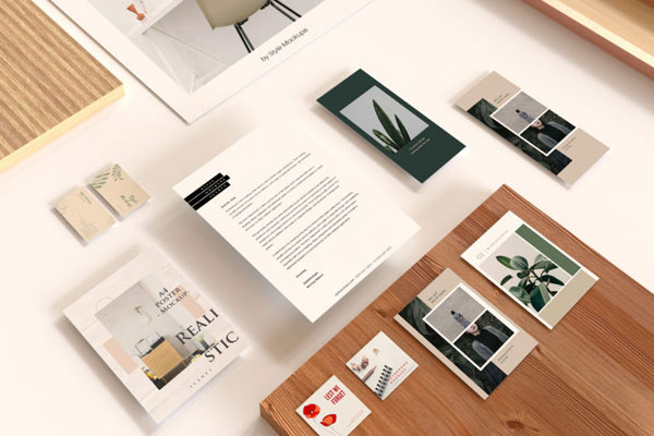 Top View of a Flyer, Postcard, Rack card, Rectangle and Square Business Cards Mockup FREE PSD